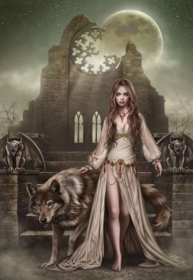 молодая женщина и ее волк в руинах ночью онлайн-пазл