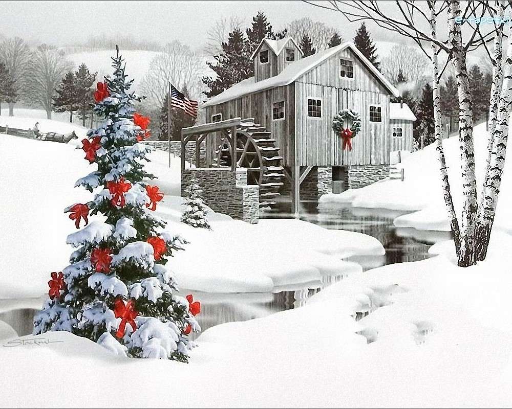 Старая мельница, зима, праздники пазл онлайн