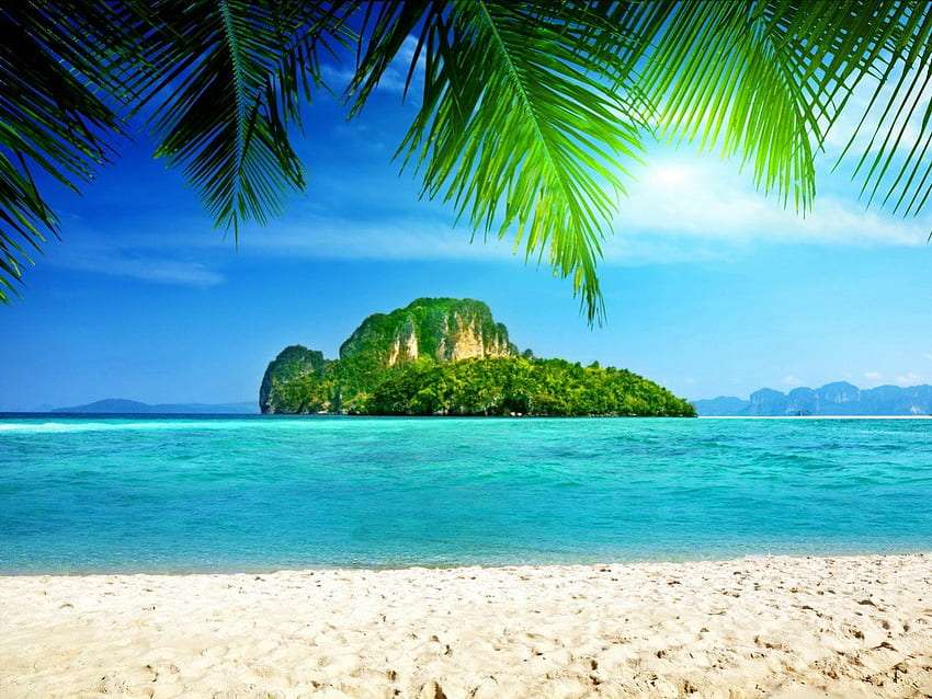 Charmen med en tropisk ö, turkost vatten, vit sand Pussel online