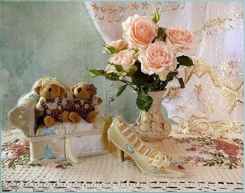 Assepoesters pantoffel, teddyberen, mooie compositie legpuzzel online