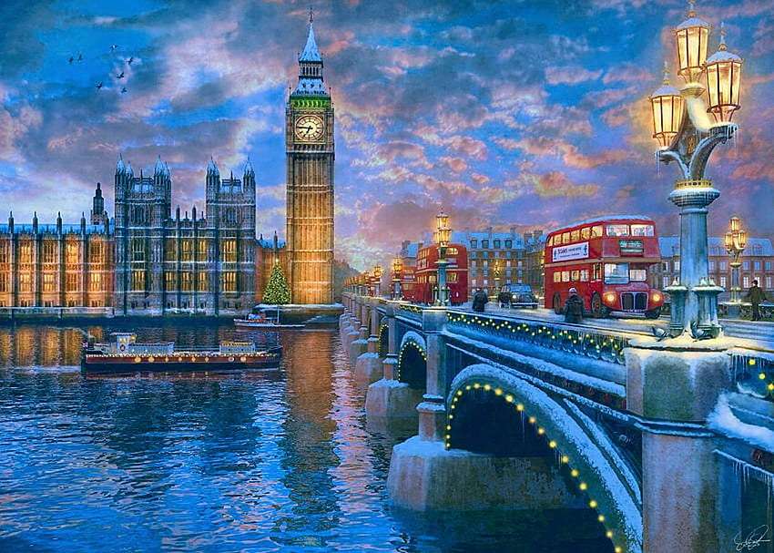 Londra-parlament-pod de Crăciun peste Tamisa jigsaw puzzle online