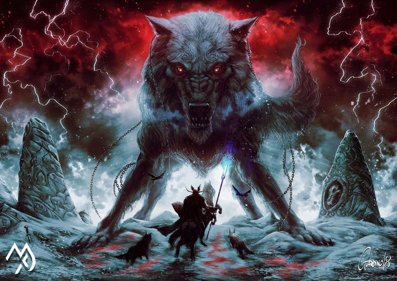 Un lupo mannaro mitologico e un guerriero vichingo puzzle online