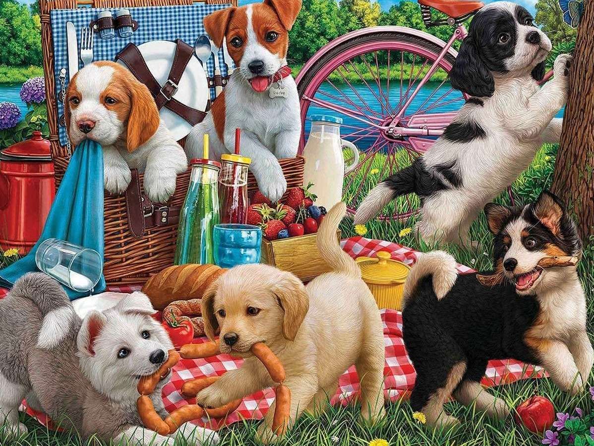Filhotes de cachorro em um piquenique quebra-cabeças online