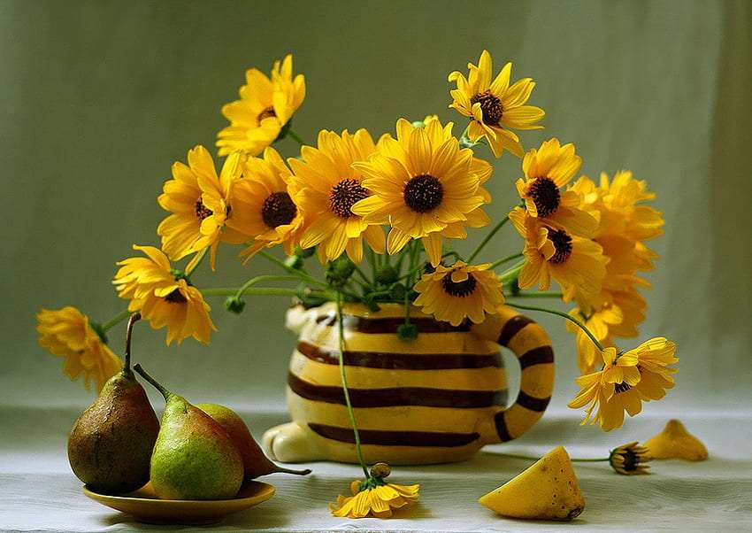 Goldener Herbststrauß, gestreifte Vase :) Puzzlespiel online