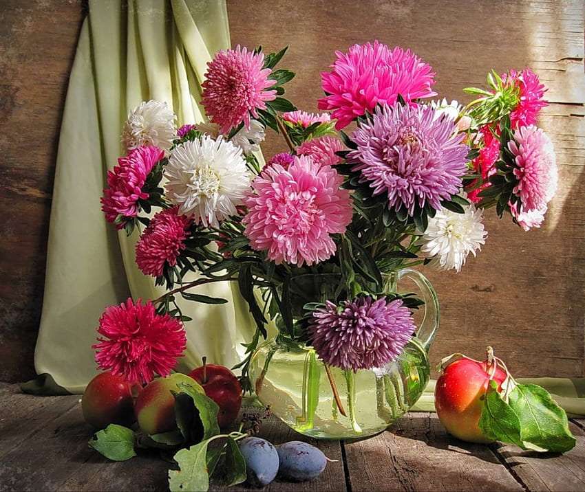 Charming asters, plums, apples, lovely composition online puzzle