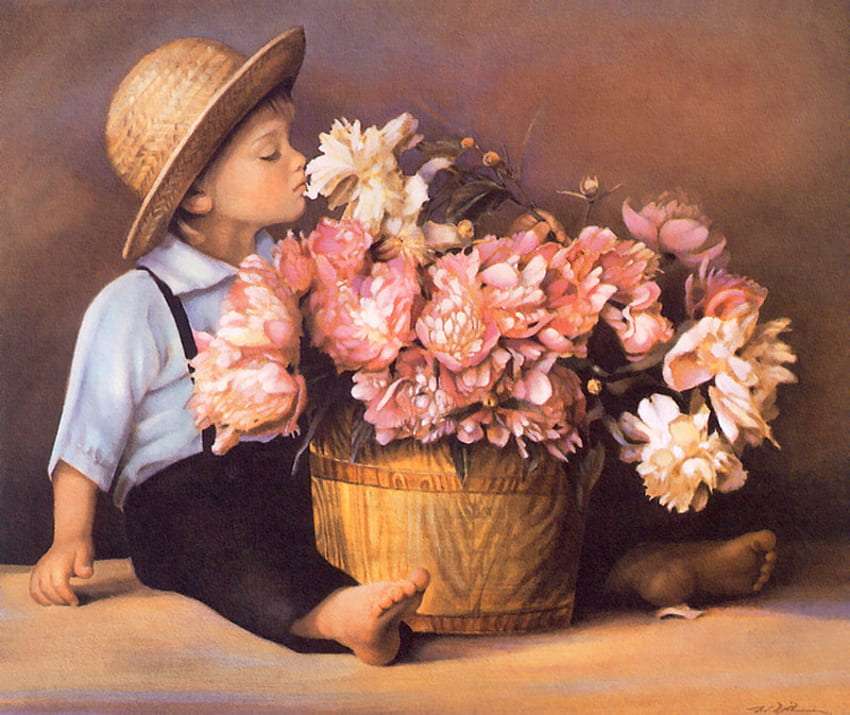 Aranyos kisfiú egy kosár pünkösdi rózsával online puzzle