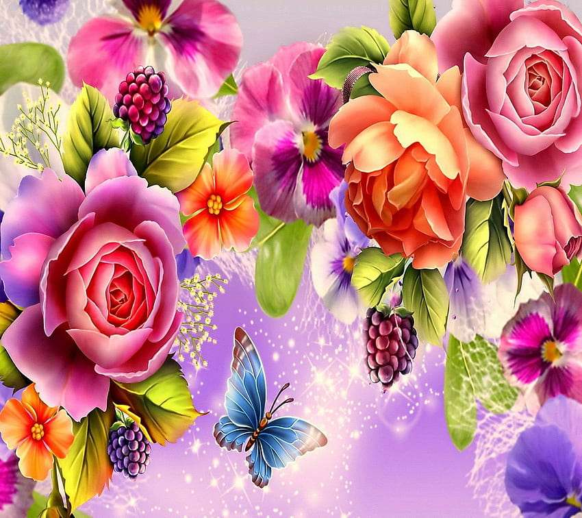 Pillangók rózsák és szőlő között, szuper csokor online puzzle