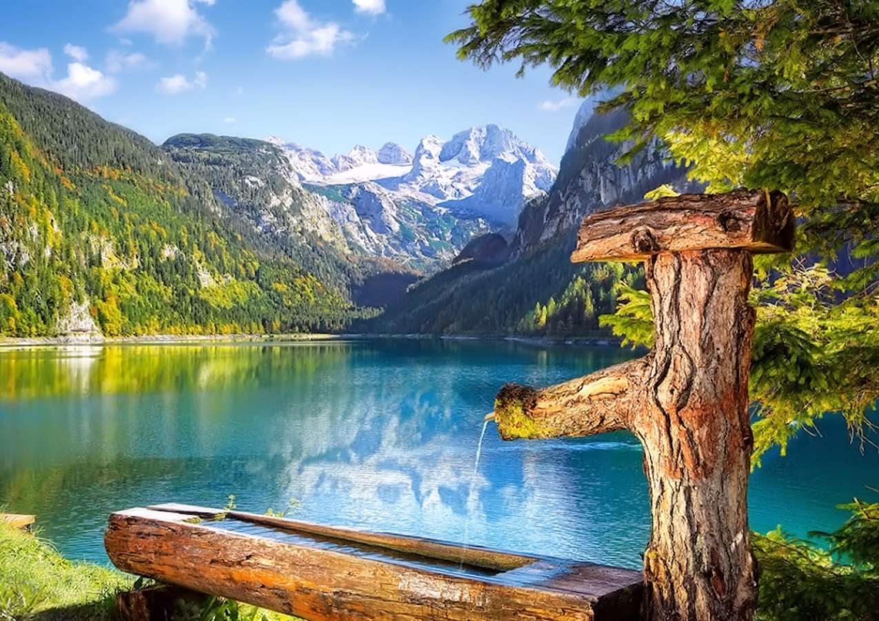 Austria - Lacul Gosau cu o fermecătoare pompă din lemn puzzle online