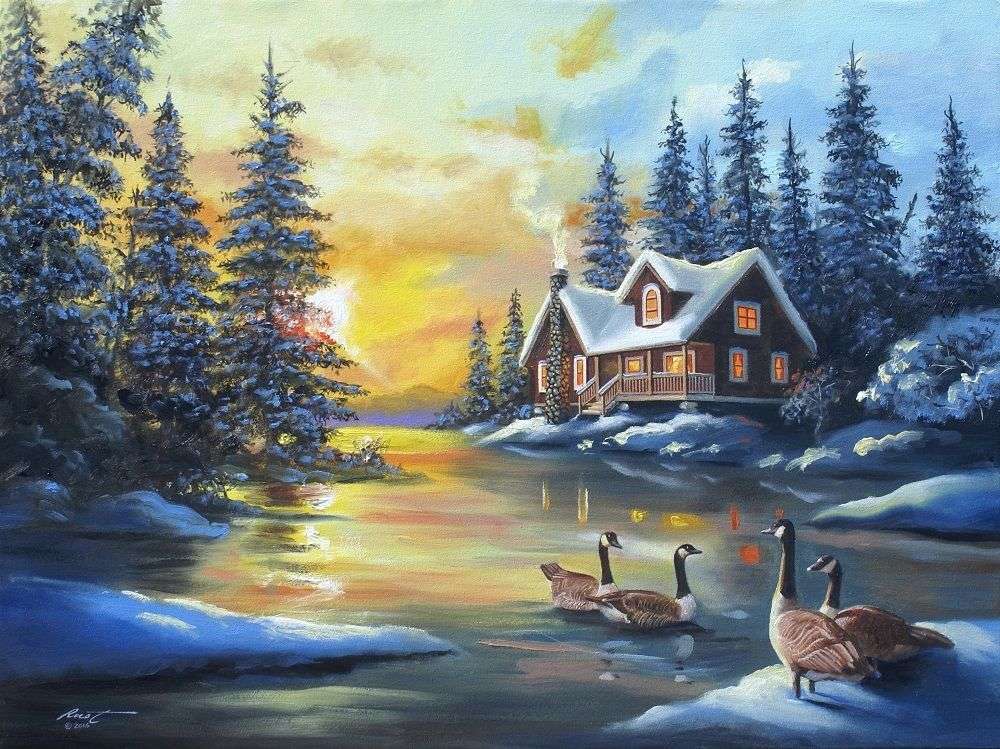 Vinter. hus vid floden, pussel på nätet