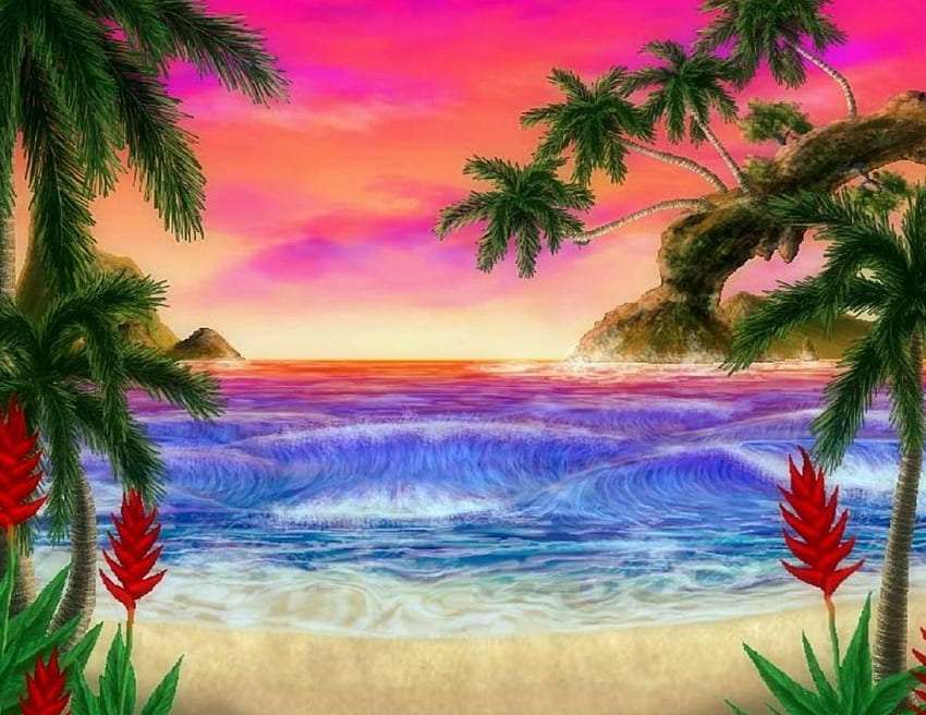 Belle plage colorée après le coucher du soleil puzzle en ligne