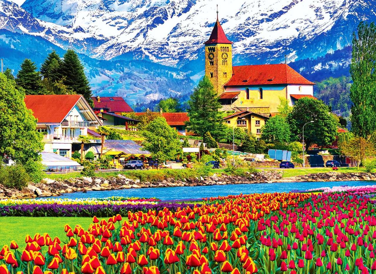 Schweiz - Blommor i staden Brienz, vacker utsikt Pussel online