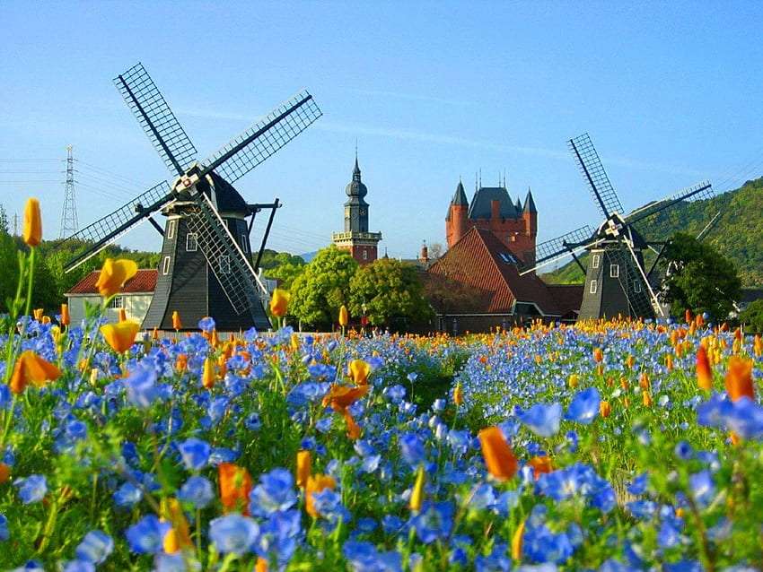 Molinos de viento holandeses entre flores rompecabezas en línea
