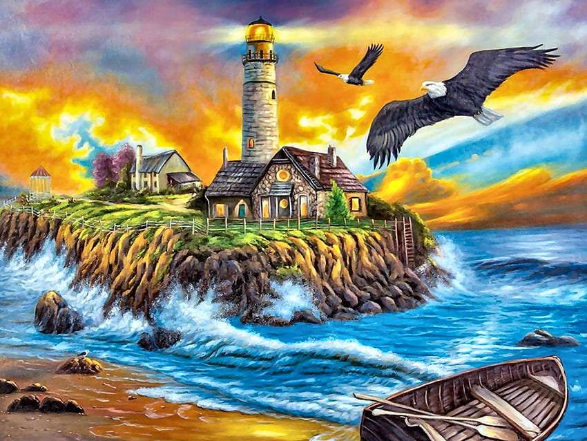 Das Haus des Leuchtturmwärters auf einer Felseninsel Puzzlespiel online
