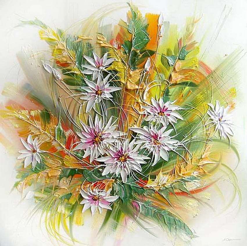 Vilda blommor målade med en pensel, ett mirakel pussel på nätet