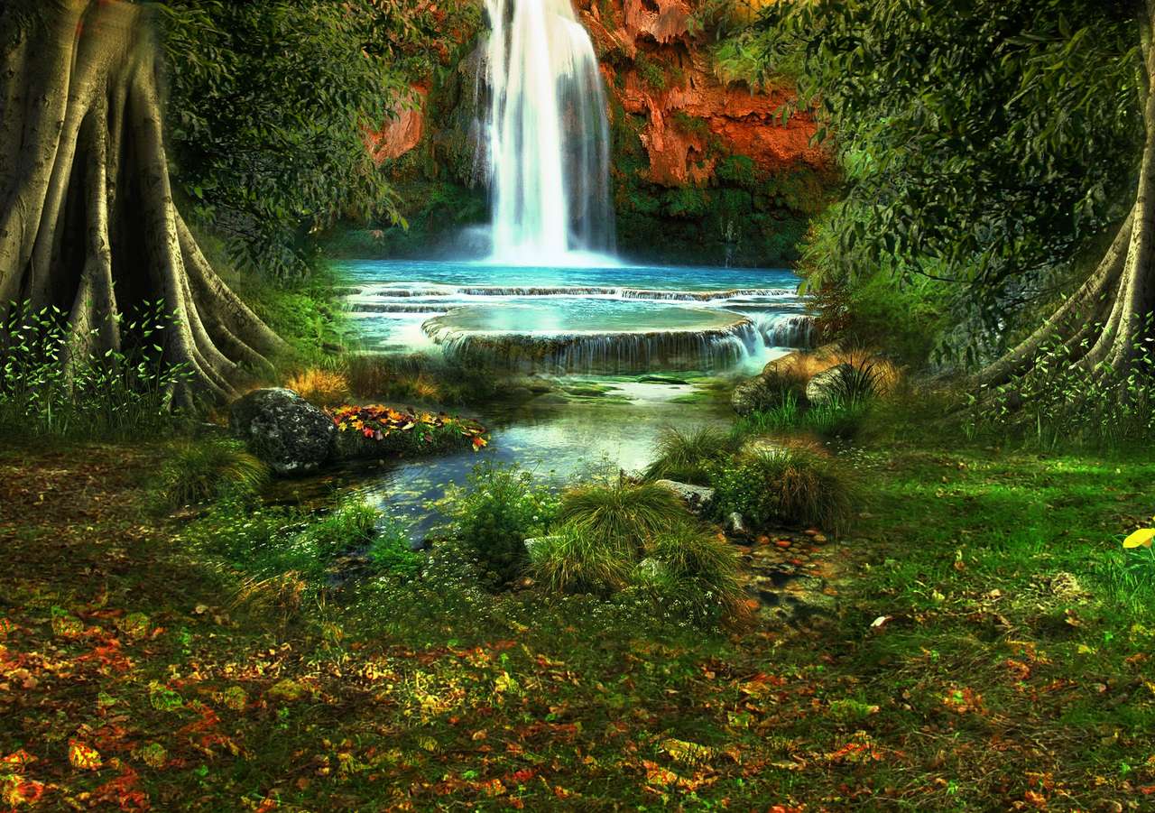 Wonderful autumn landscape by the waterfall online puzzle
