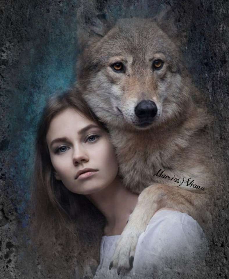 красивая девушка и волк онлайн-пазл