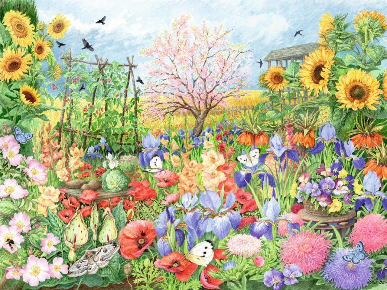 Solrosträdgård full av färger, skönhetsglädje pussel på nätet