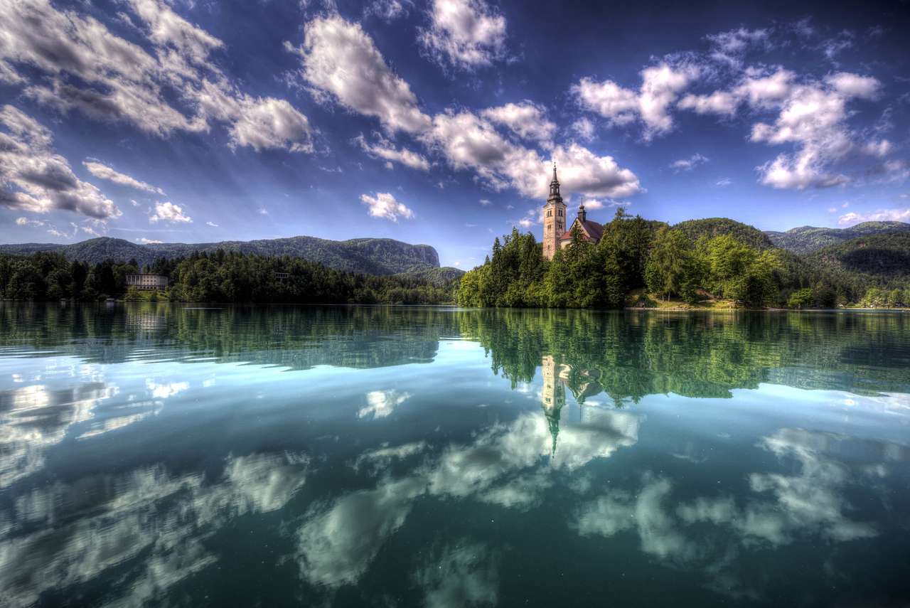 Словенія, Пейзаж, Озеро, Небо, Хмари пазл онлайн