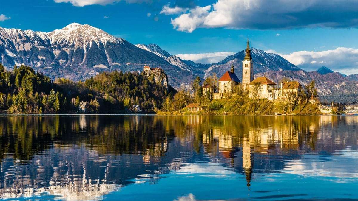 Словенія, Пейзаж, Озеро, Небо онлайн пазл