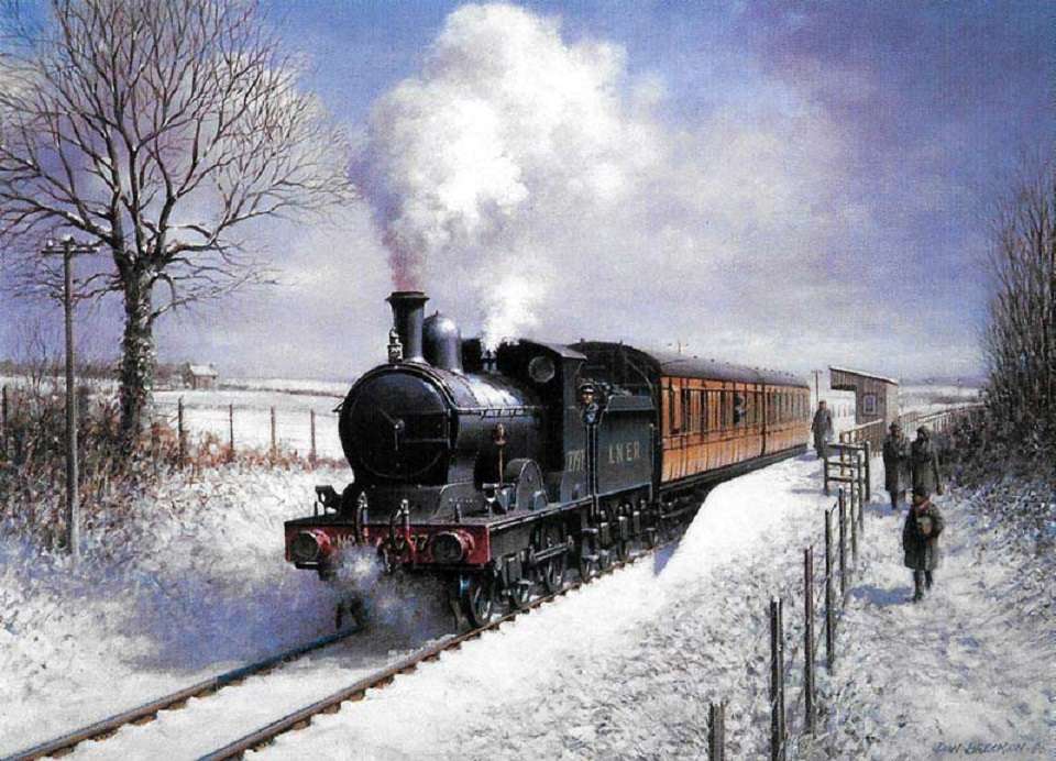 trem a vapor em um dia de neve puzzle online