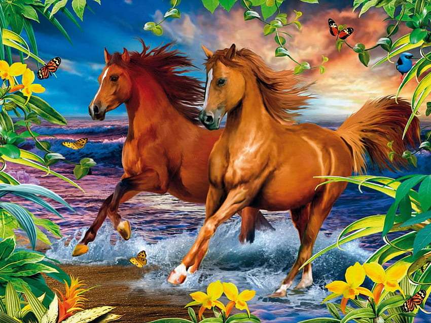 Happy steeds by the sea, beautiful view online puzzle