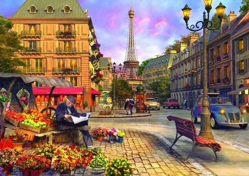 En parisisk säljare av blommor och äpplen, en idyllisk utsikt pussel på nätet