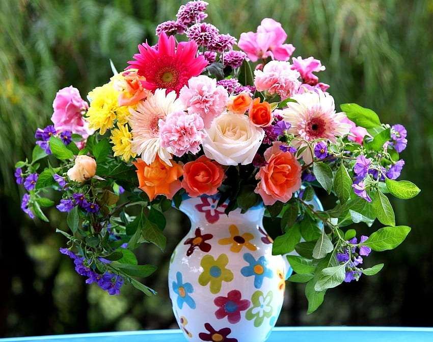 Růže karafiáty gerbery krásná kytice kytice skládačky online