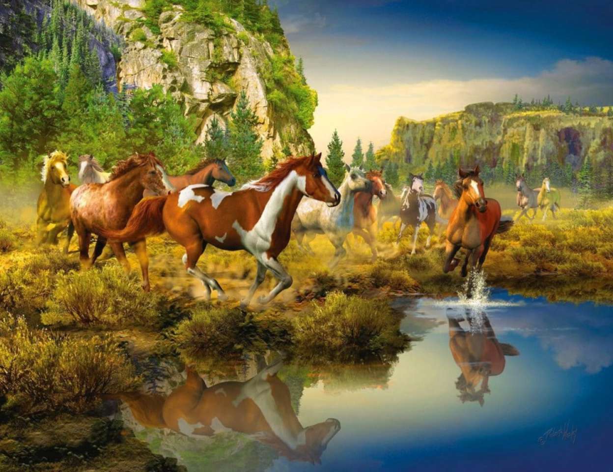 Turma de cai sălbatici fericiți, priveliște frumoasă puzzle online