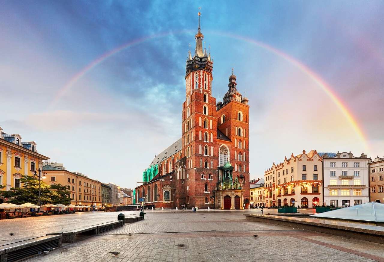 Krakows marknadstorg och regnbågen Pussel online