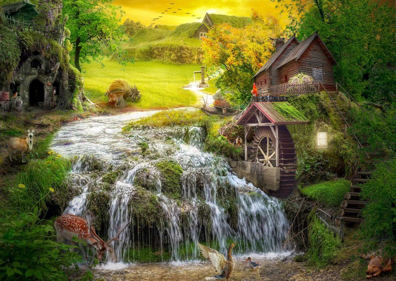O cabană din lemn peste o moară și un pârâu, o priveliște minunată jigsaw puzzle online
