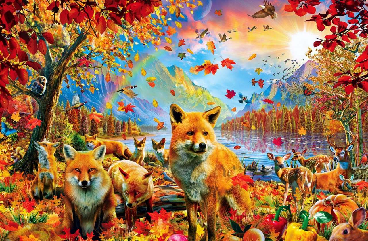 Rävar och deras vänner på hösten, en charmig utsikt Pussel online