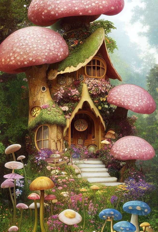 Ett hus bland skogssvampar pussel på nätet