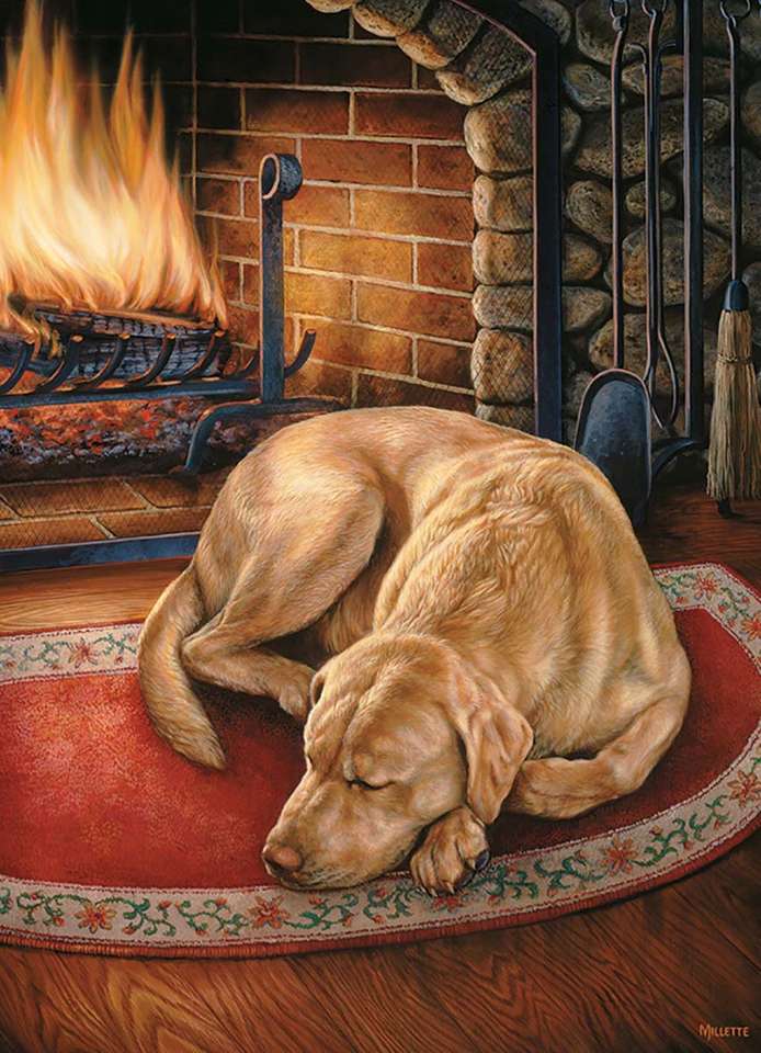 un chien devant la cheminée -le bonheur puzzle en ligne