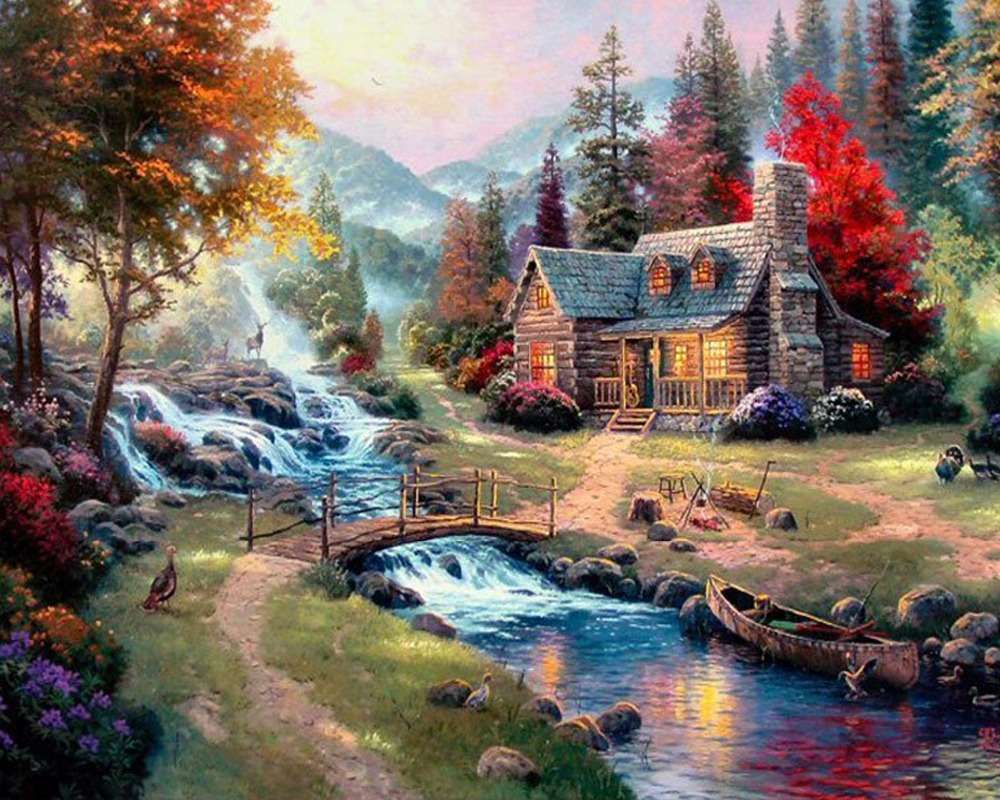 Des montagnes, une maison, une rivière avec un pont puzzle en ligne