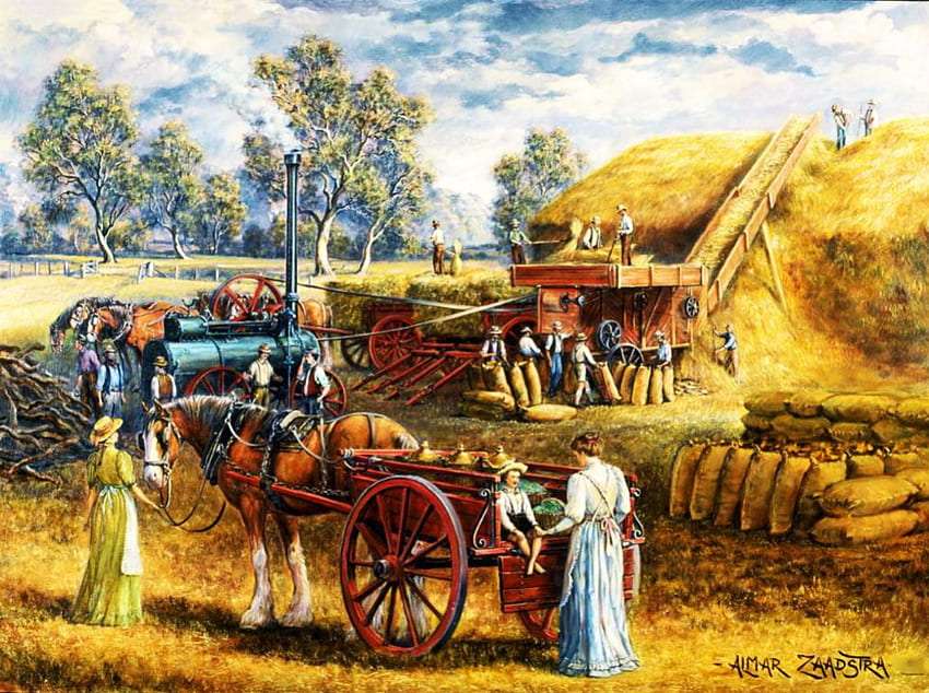 前世紀の干し草作り - 古い収穫機、ワゴン オンラインパズル