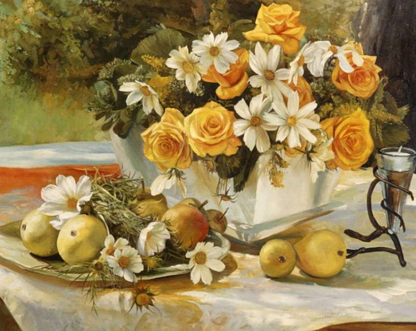 Un buchet parfumat de flori si fructe din gradina puzzle online