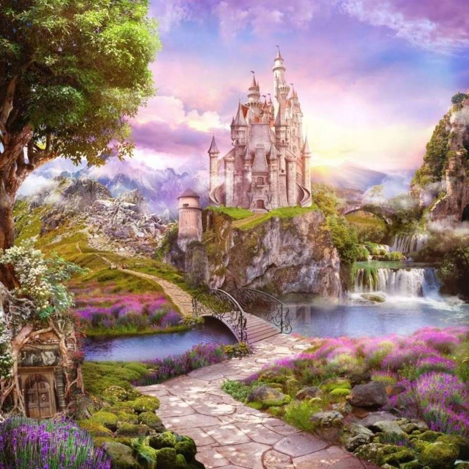 A waterfall with a river near the castle online puzzle