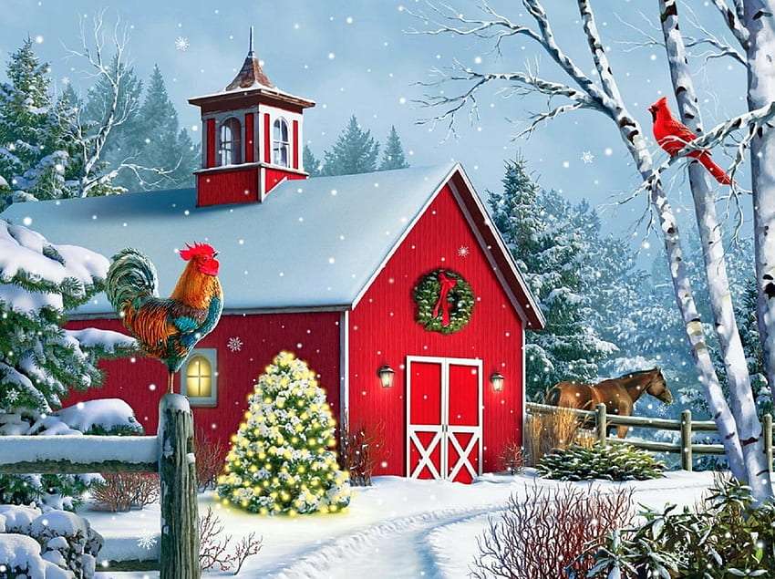 Зимний пейзаж и красный амбар, очаровательный вид онлайн-пазл