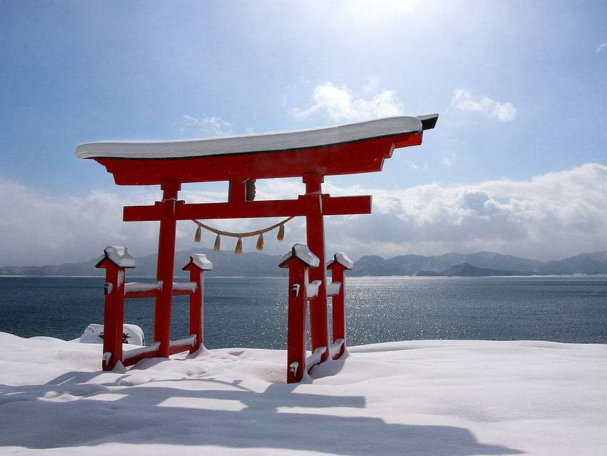 Machen Sie eine Pause im Gozanoishi-Tempel am See Online-Puzzle