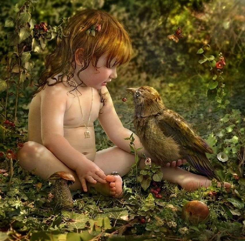 En el jardín secreto, un pájaro alimenta a un niño. rompecabezas en línea