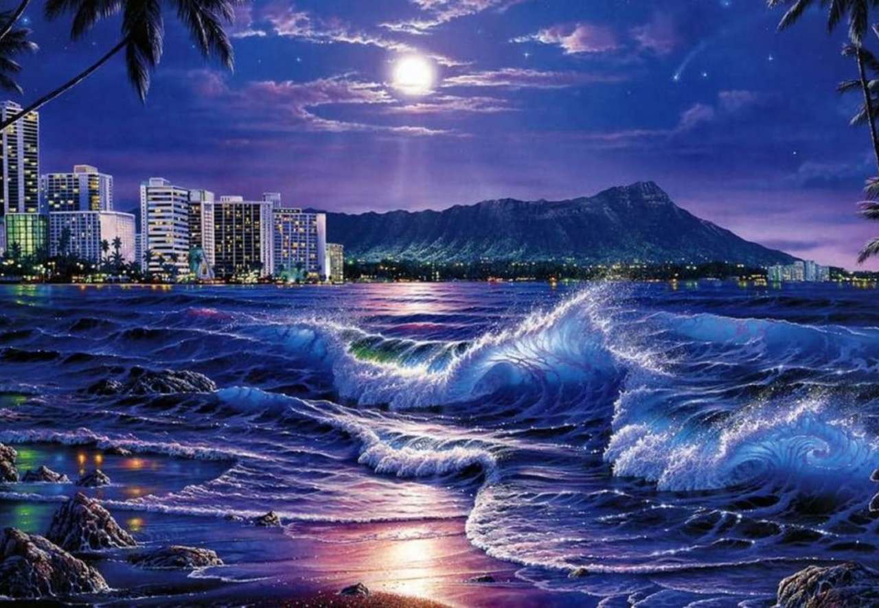 Noapte albastră deasupra mării luminată de lună, un miracol jigsaw puzzle online