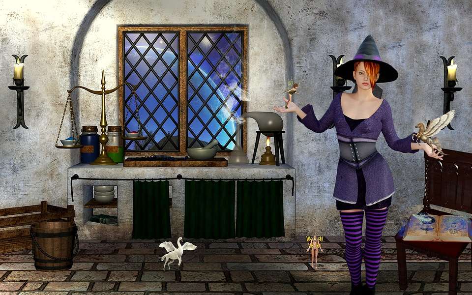 Uma jovem bruxa está experimentando puzzle online
