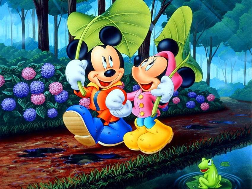 Міккі та Мінні Маус - прогулянка під час дощу пазл онлайн