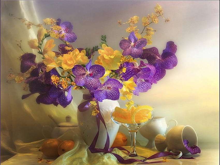 Delicado em suas cores harmonia com as orquídeas quebra-cabeças online