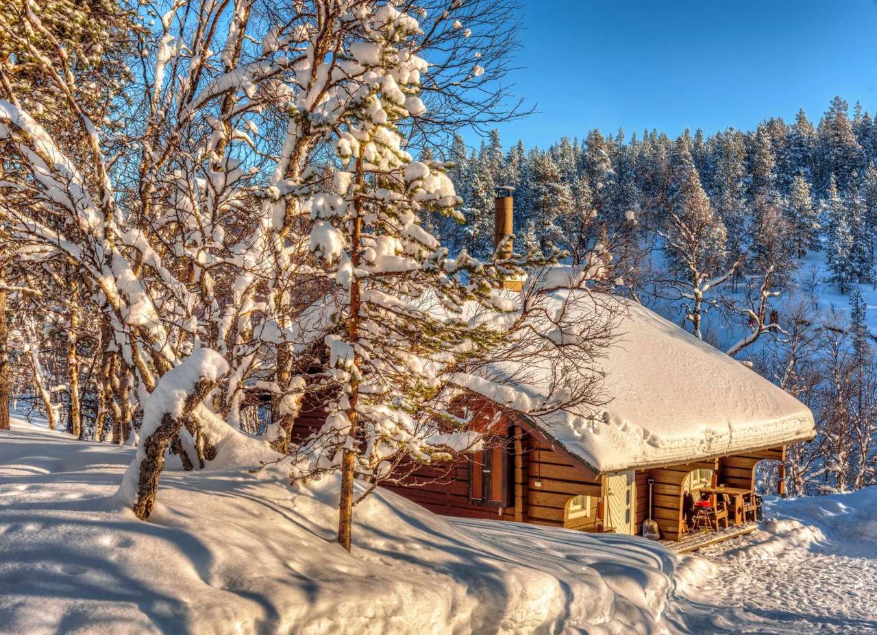 A mountain hut in winter, a beautiful view online puzzle