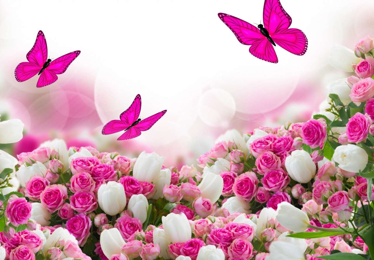 Doar trandafiri frumoși, lalele, fluturi jigsaw puzzle online