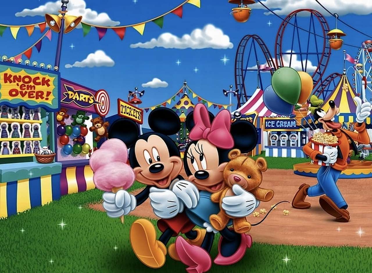 Crazy party of amused Mickey and Minnie Mouse, online puzzle
