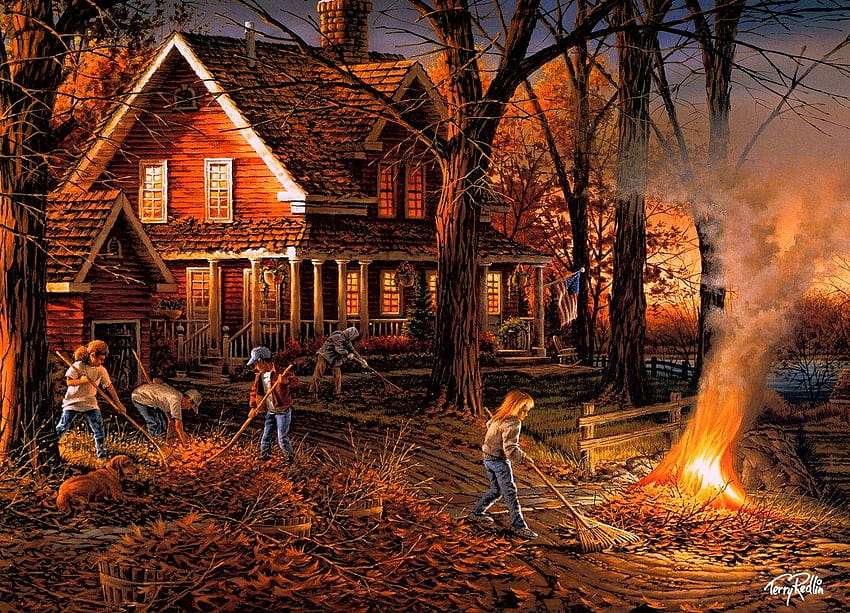 Noite de outono, limpeza de outono com toda a família quebra-cabeças online