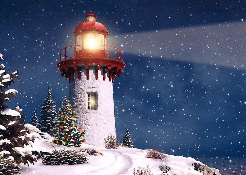 Snowy night around the lighthouse online puzzle