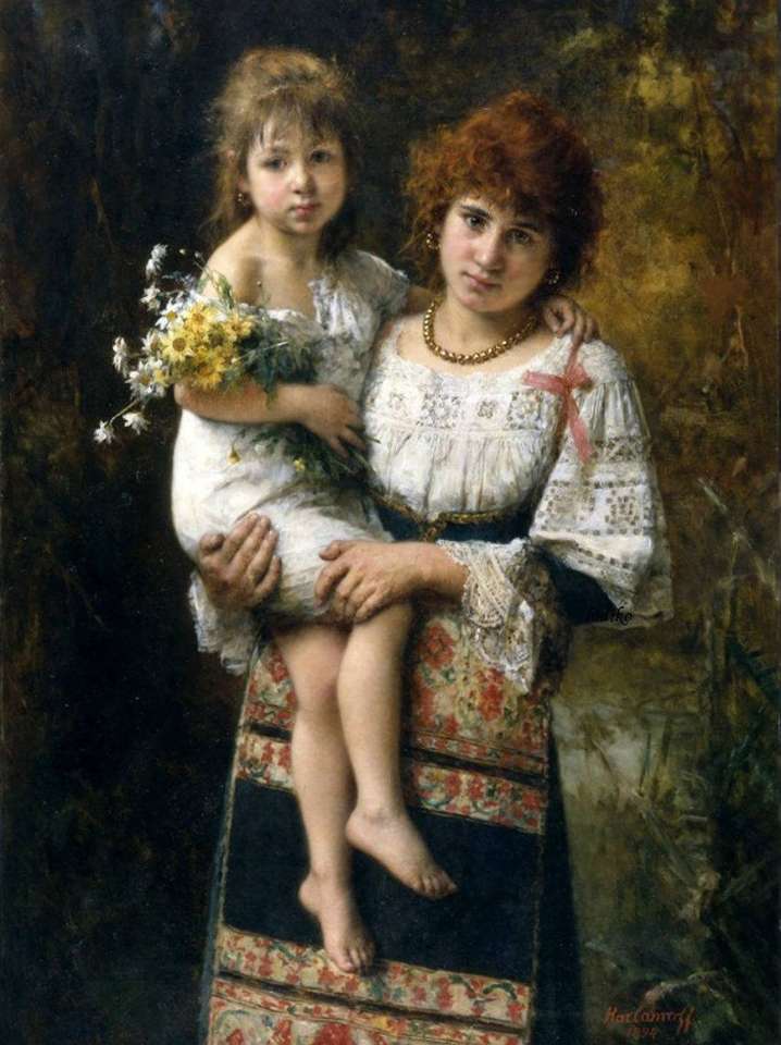 Mutter und Tochter mit Sommerblumen Online-Puzzle